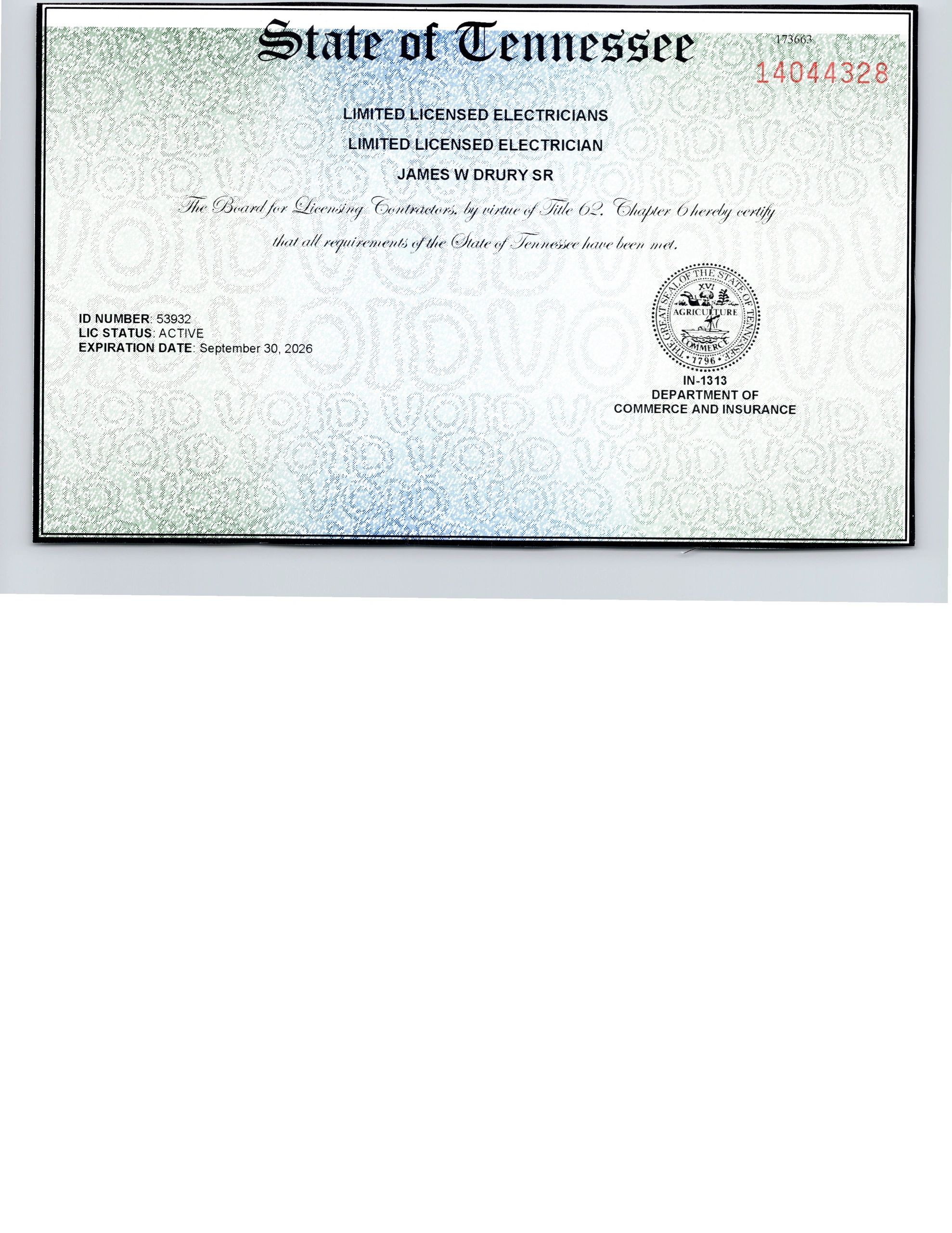 State of Tennessee Electrician License