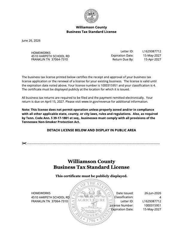 HomeWorks Business License